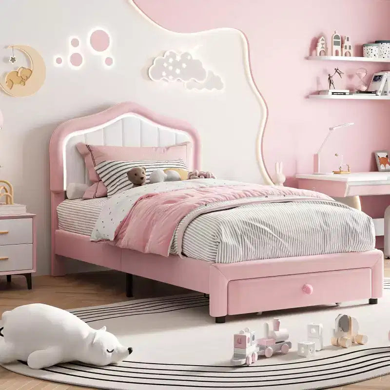 GustoWave Letto singolo imbottito con cassetto contenitore per bambini, bambine e bambini, nessuna molla a scatola necessaria