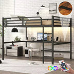 Bellemave Metal Queen Loft Bed with Desk, USB Ports, Power Outlet & LED Lights, Space-Saving Noise-Free Design, Sturdy Frame, Black