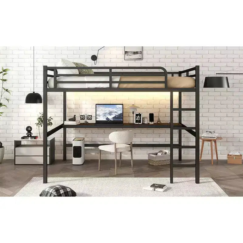Letto a soppalco matrimoniale Bellemave in metallo con scrivania, porte USB, presa di corrente e luci a LED, design salvaspazio silenzioso, struttura robusta, nero
