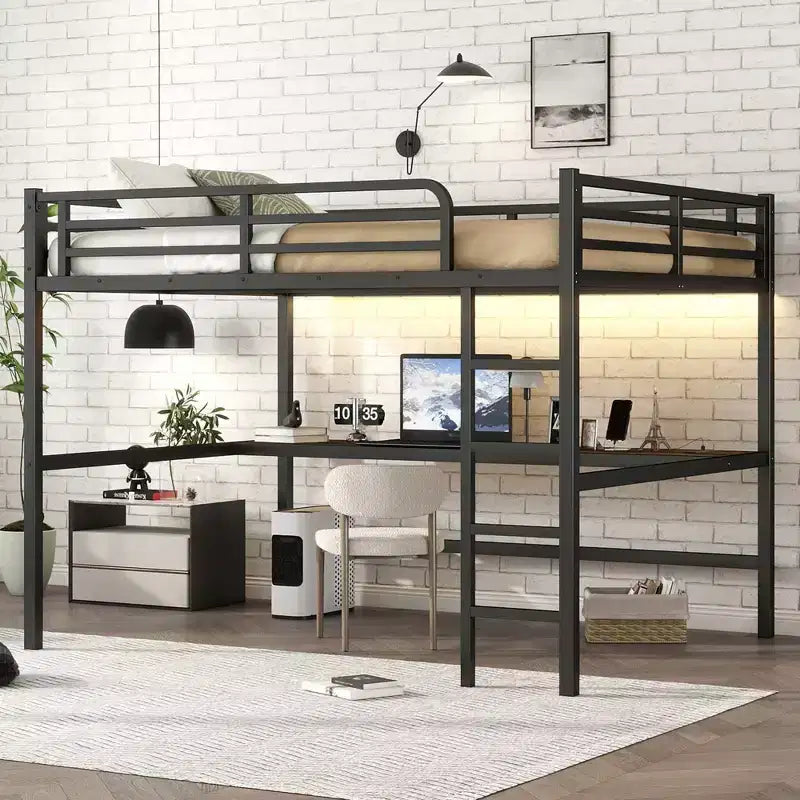 Letto a soppalco matrimoniale Bellemave in metallo con scrivania, porte USB, presa di corrente e luci a LED, design salvaspazio silenzioso, struttura robusta, nero
