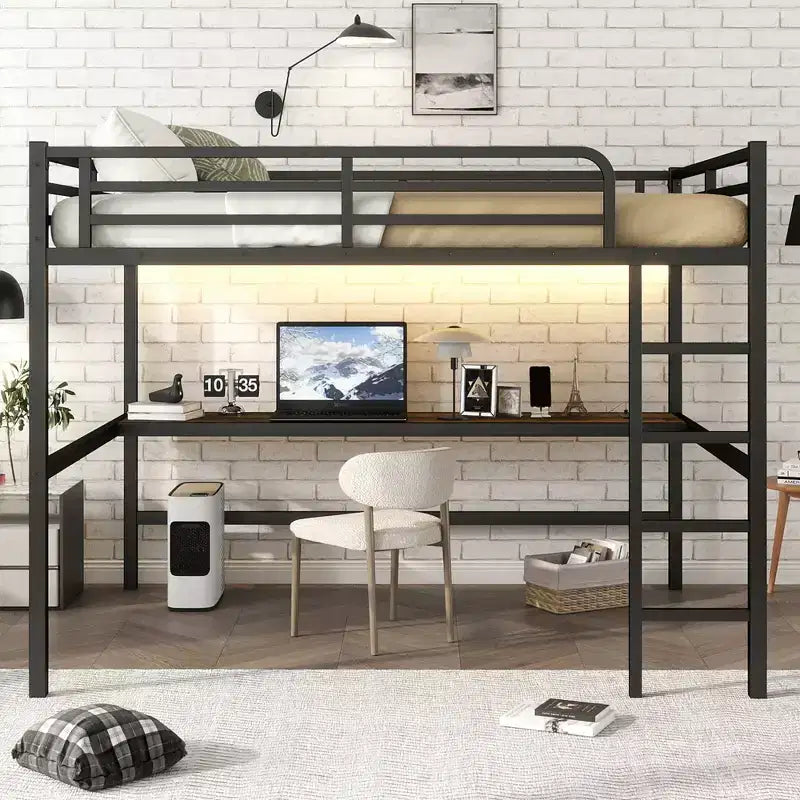 Letto a soppalco matrimoniale Bellemave in metallo con scrivania, porte USB, presa di corrente e luci a LED, design salvaspazio silenzioso, struttura robusta, nero