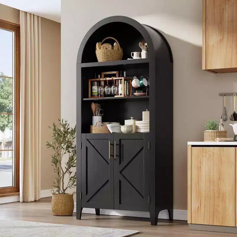 Libreria ad arco a 5 ripiani con ante, Scaffale moderno espositivo e mobiletto contenitore per ufficio, soggiorno o biblioteca