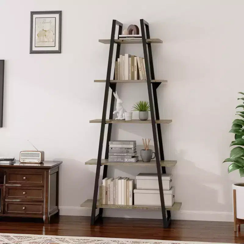 Libreria a 5 ripiani a forma di A, Libreria a scala industriale a forma di A, Scaffali aperti con struttura in metallo, Scaffale porta piante per soggiorno, ufficio