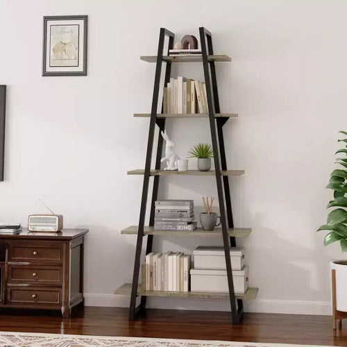 Libreria a 5 ripiani a forma di A, Libreria a scala industriale a forma di A, Scaffali aperti con struttura in metallo, Scaffale porta piante per soggiorno, ufficio