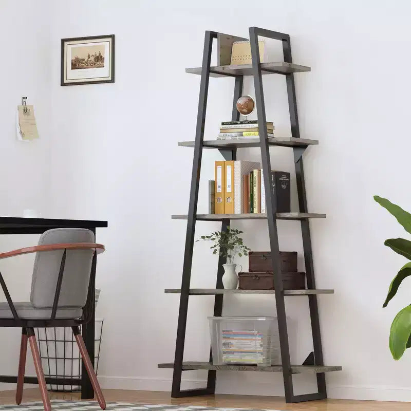 Libreria a 5 ripiani a forma di A, Libreria a scala industriale a forma di A, Scaffali aperti con struttura in metallo, Scaffale porta piante per soggiorno, ufficio
