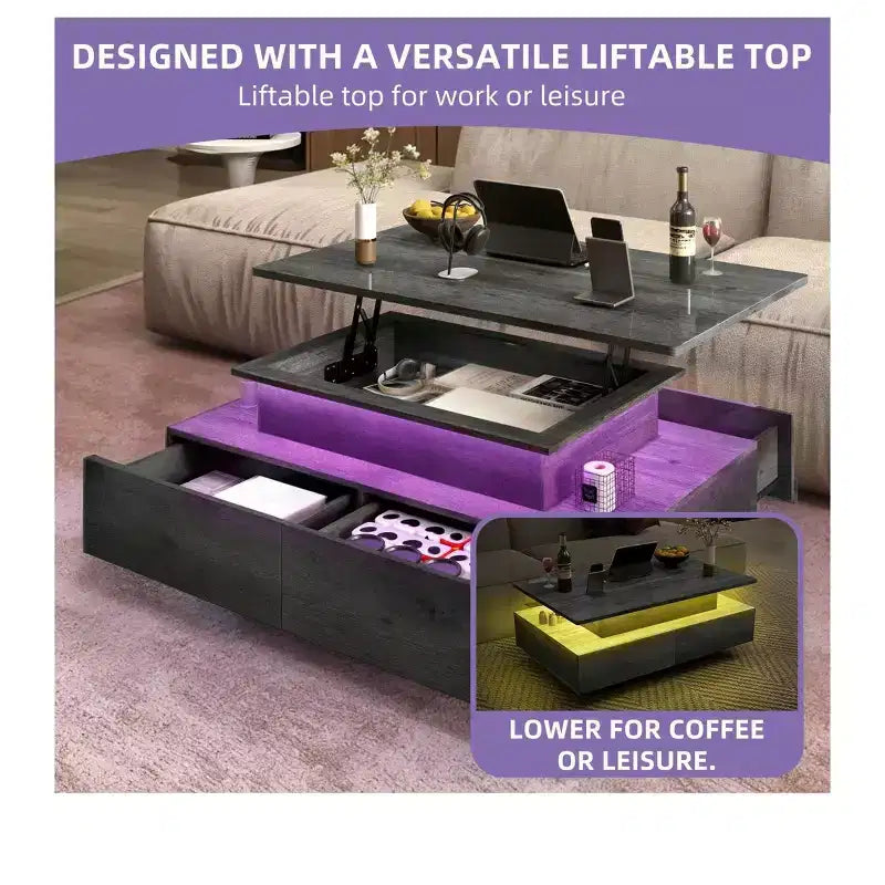 Tavolini da caffè a LED con piano sollevabile in stile rustico, con 4 cassetti, da centro, per soggiorno