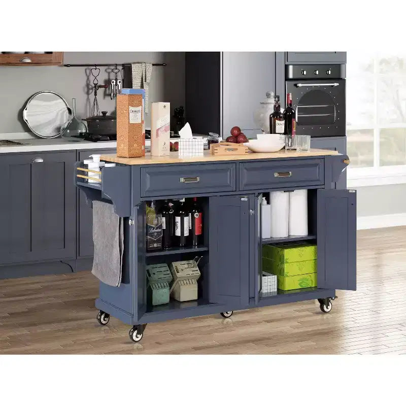 Okak Kitchen Island con Contenitore e Piano in Legno di Gomma, Carrello da Cucina a 5 Ruote con Ampio Spazio di Archiviazione, Organizzatore da Tavolo per Sala da Pranzo