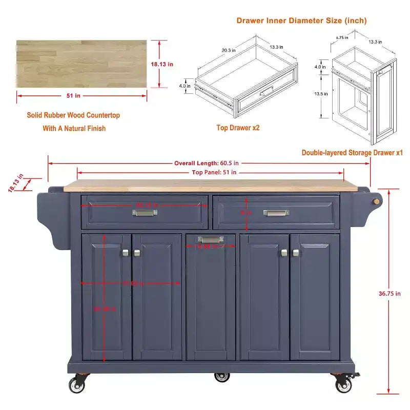 Okak Kitchen Island con Contenitore e Piano in Legno di Gomma, Carrello da Cucina a 5 Ruote con Ampio Spazio di Archiviazione, Organizzatore da Tavolo per Sala da Pranzo