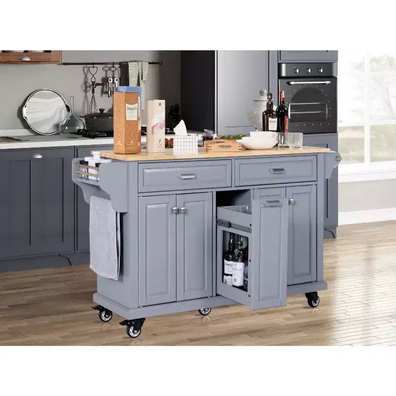 Okak Kitchen Island con Contenitore e Piano in Legno di Gomma, Carrello da Cucina a 5 Ruote con Ampio Spazio di Archiviazione, Organizzatore da Tavolo per Sala da Pranzo