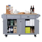 Okak Kitchen Island con Contenitore e Piano in Legno di Gomma, Carrello da Cucina a 5 Ruote con Ampio Spazio di Archiviazione, Organizzatore da Tavolo per Sala da Pranzo