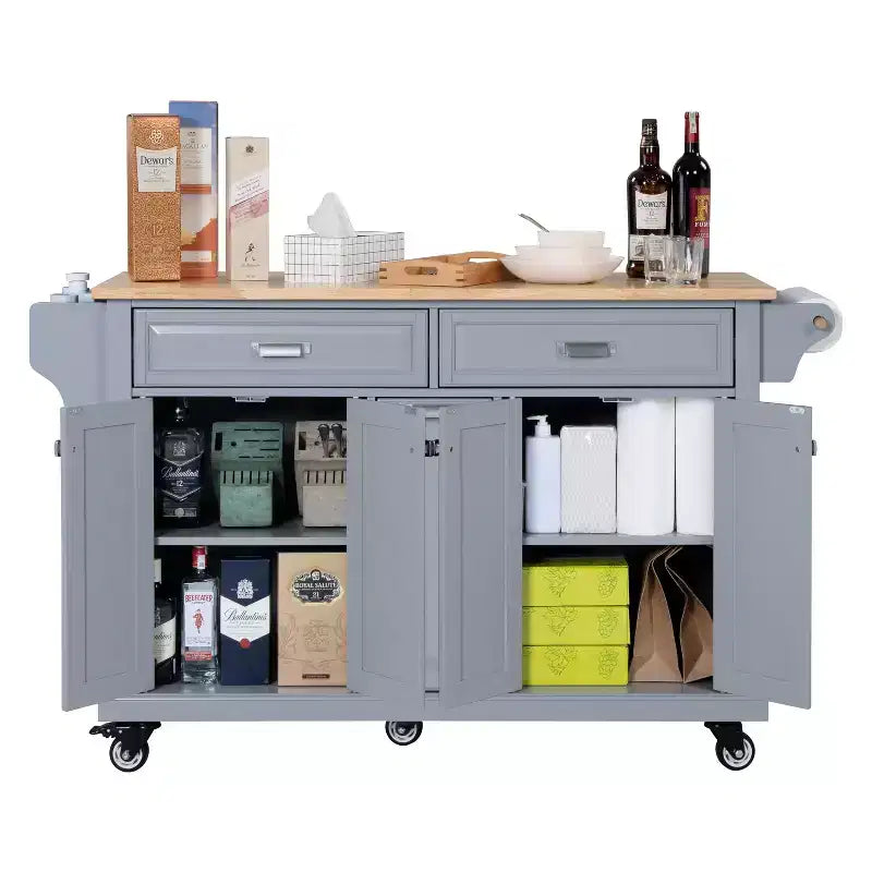 Okak Kitchen Island con Contenitore e Piano in Legno di Gomma, Carrello da Cucina a 5 Ruote con Ampio Spazio di Archiviazione, Organizzatore da Tavolo per Sala da Pranzo