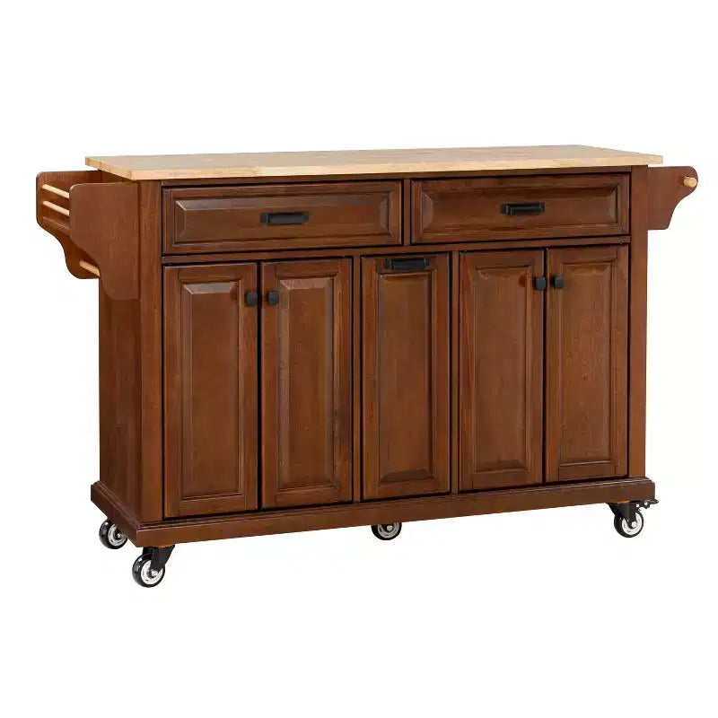 Okak Kitchen Island con Contenitore e Piano in Legno di Gomma, Carrello da Cucina a 5 Ruote con Ampio Spazio di Archiviazione, Organizzatore da Tavolo per Sala da Pranzo