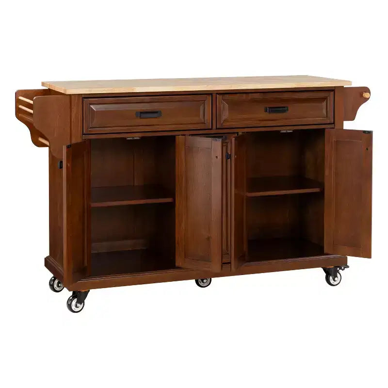 Okak Kitchen Island con Contenitore e Piano in Legno di Gomma, Carrello da Cucina a 5 Ruote con Ampio Spazio di Archiviazione, Organizzatore da Tavolo per Sala da Pranzo
