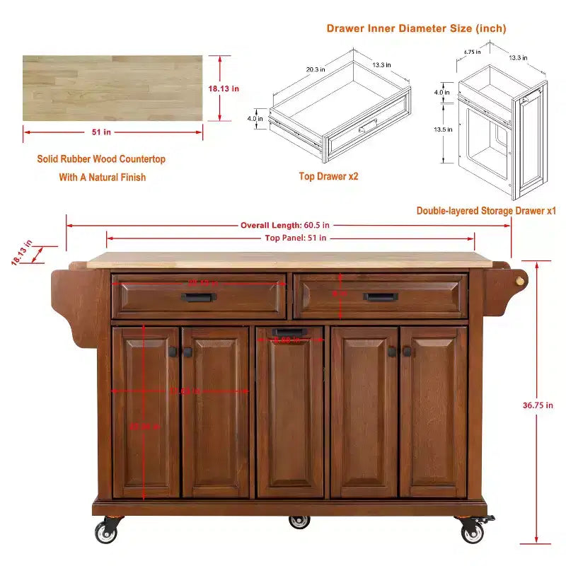 Okak Kitchen Island con Contenitore e Piano in Legno di Gomma, Carrello da Cucina a 5 Ruote con Ampio Spazio di Archiviazione, Organizzatore da Tavolo per Sala da Pranzo