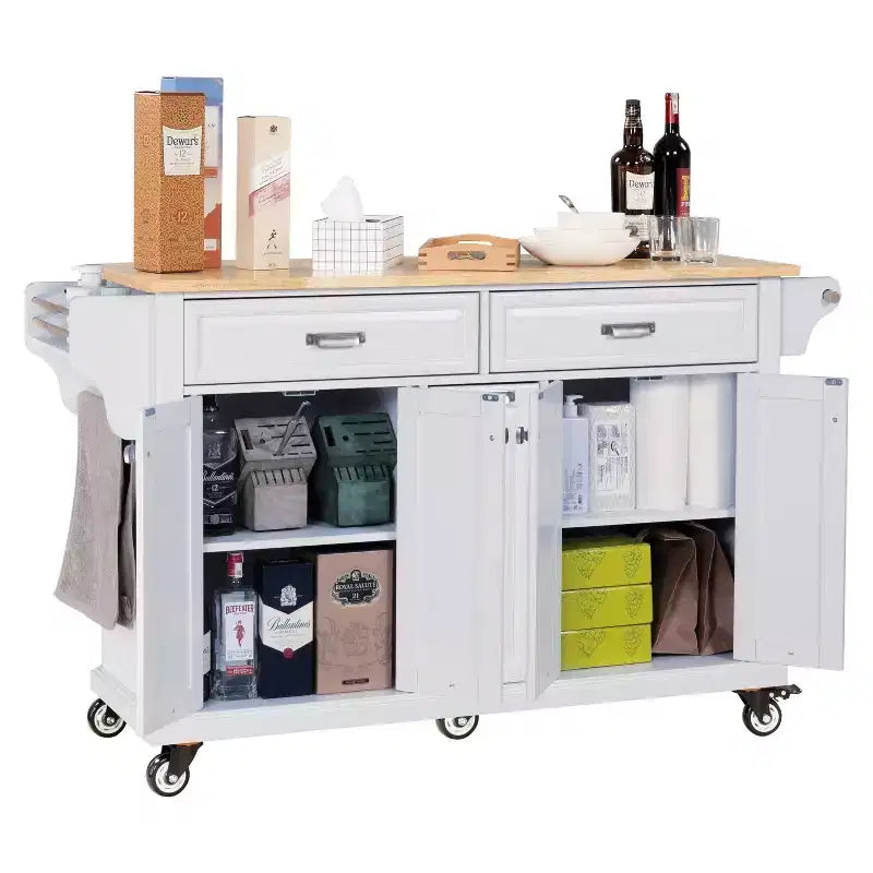 Okak Kitchen Island con Contenitore e Piano in Legno di Gomma, Carrello da Cucina a 5 Ruote con Ampio Spazio di Archiviazione, Organizzatore da Tavolo per Sala da Pranzo