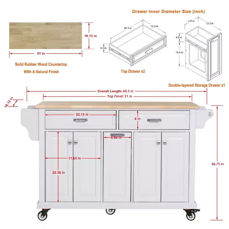 Okak Kitchen Island con Contenitore e Piano in Legno di Gomma, Carrello da Cucina a 5 Ruote con Ampio Spazio di Archiviazione, Organizzatore da Tavolo per Sala da Pranzo