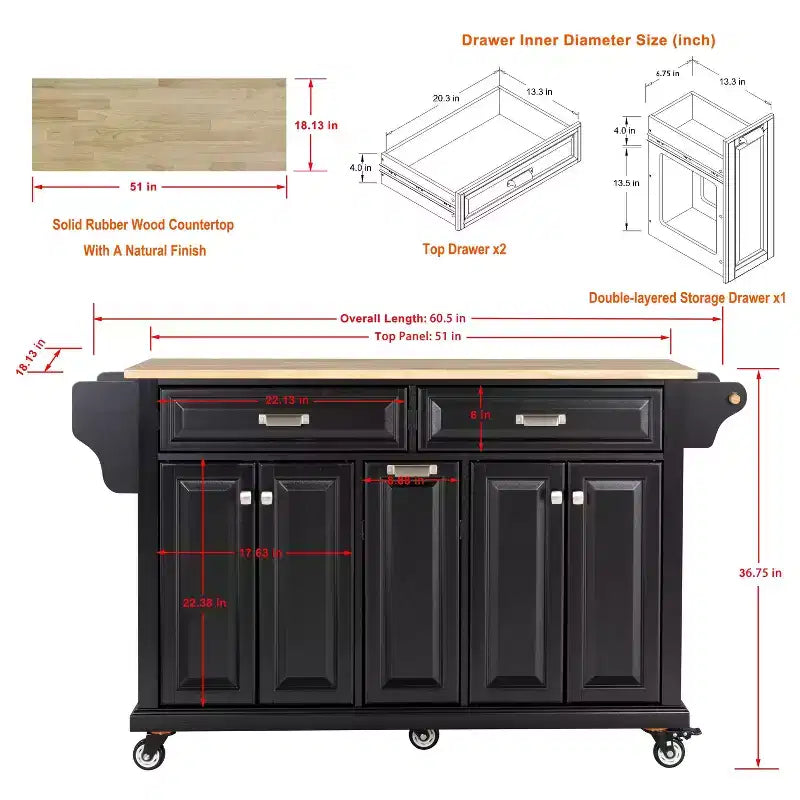 Okak Kitchen Island con Contenitore e Piano in Legno di Gomma, Carrello da Cucina a 5 Ruote con Ampio Spazio di Archiviazione, Organizzatore da Tavolo per Sala da Pranzo