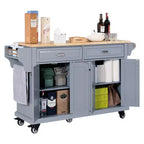 Okak Kitchen Island With Storage and Rubber Wood Countertop, 5 Wheels Kitchen Cart with Ample Storage, Countertop Organizer for Dining Room