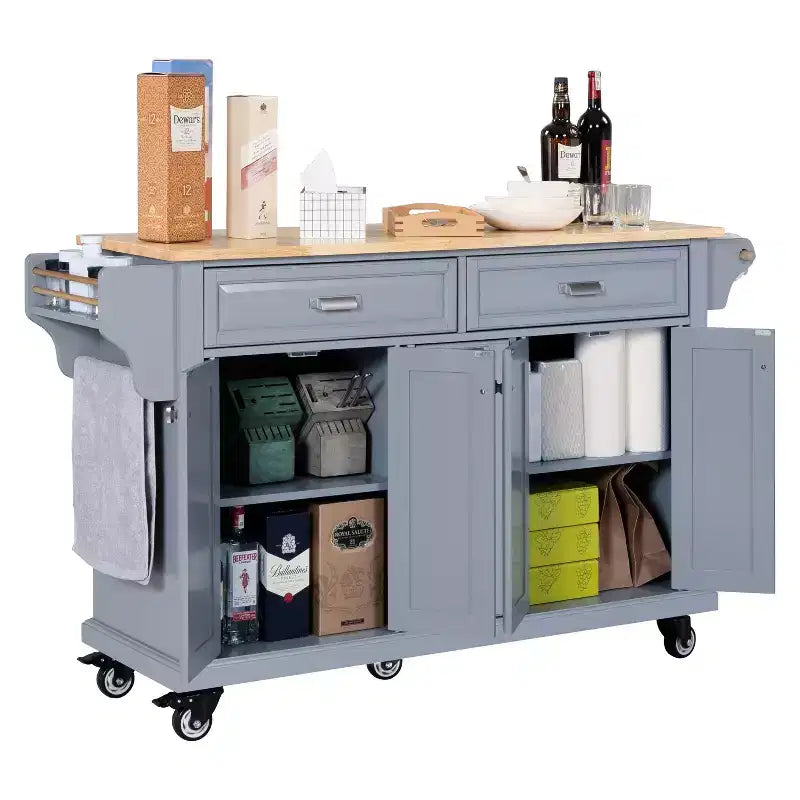 Okak Kitchen Island With Storage and Rubber Wood Countertop, 5 Wheels Kitchen Cart with Ample Storage, Countertop Organizer for Dining Room