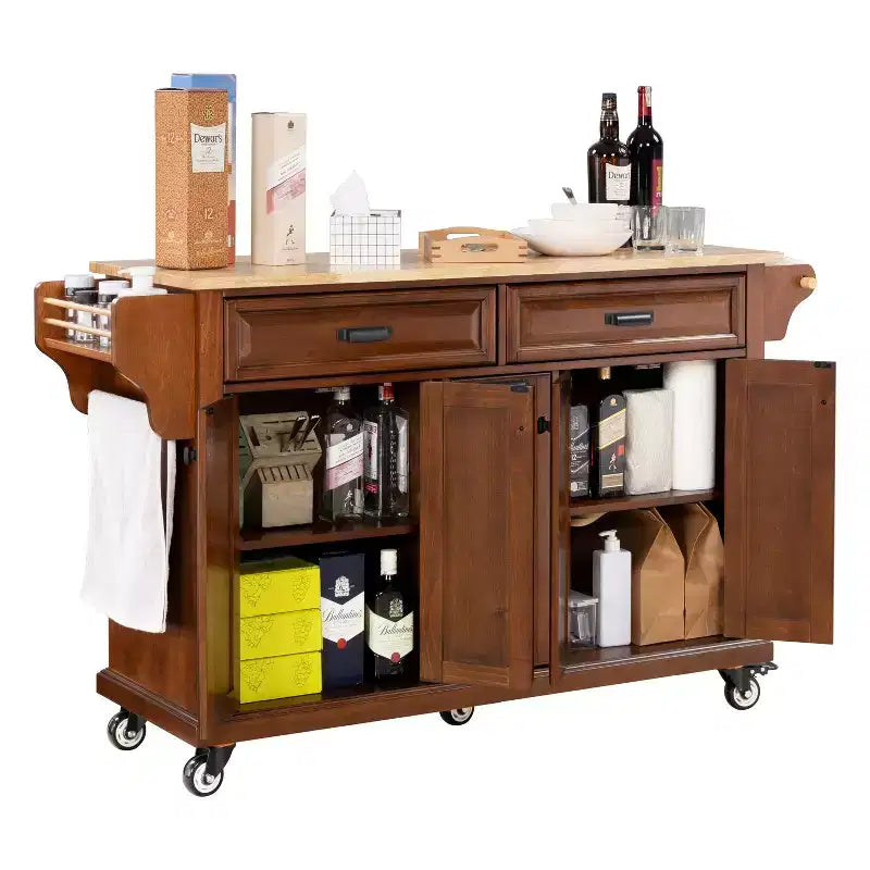 Okak Kitchen Island con Contenitore e Piano in Legno di Gomma, Carrello da Cucina a 5 Ruote con Ampio Spazio di Archiviazione, Organizzatore da Tavolo per Sala da Pranzo