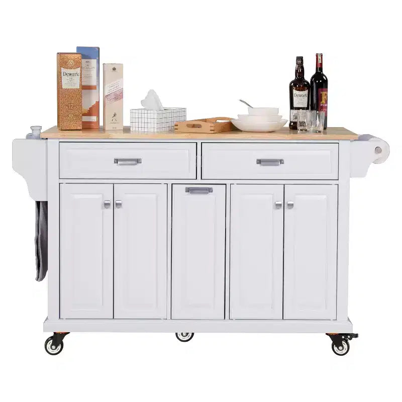 Okak Kitchen Island con Contenitore e Piano in Legno di Gomma, Carrello da Cucina a 5 Ruote con Ampio Spazio di Archiviazione, Organizzatore da Tavolo per Sala da Pranzo