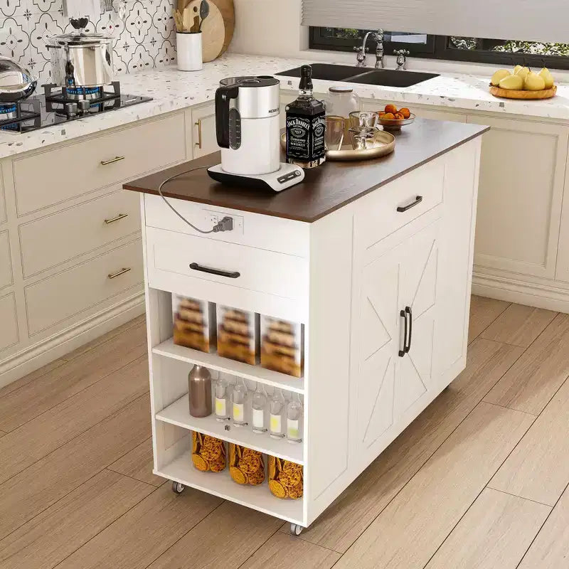 Okak Carrello da Cucina Rustico Mobile con Ruote e Presa Elettrica, Tavolo da Bar con Piano in Legno, Armadietto Contenitore per Cucina, Sala da Pranzo