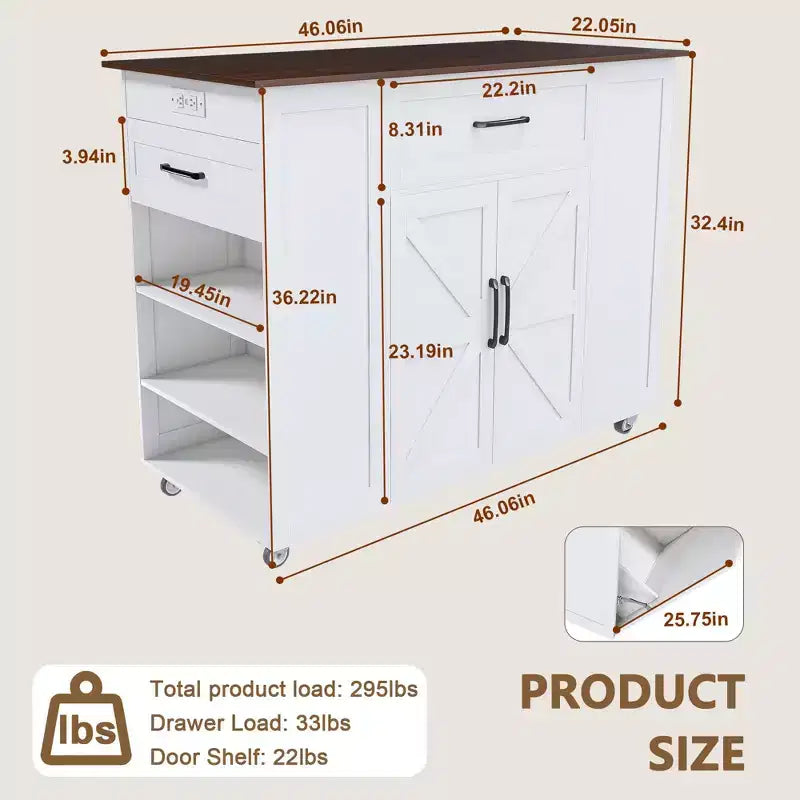 Okak Carrello da Cucina Rustico Mobile con Ruote e Presa Elettrica, Tavolo da Bar con Piano in Legno, Armadietto Contenitore per Cucina, Sala da Pranzo