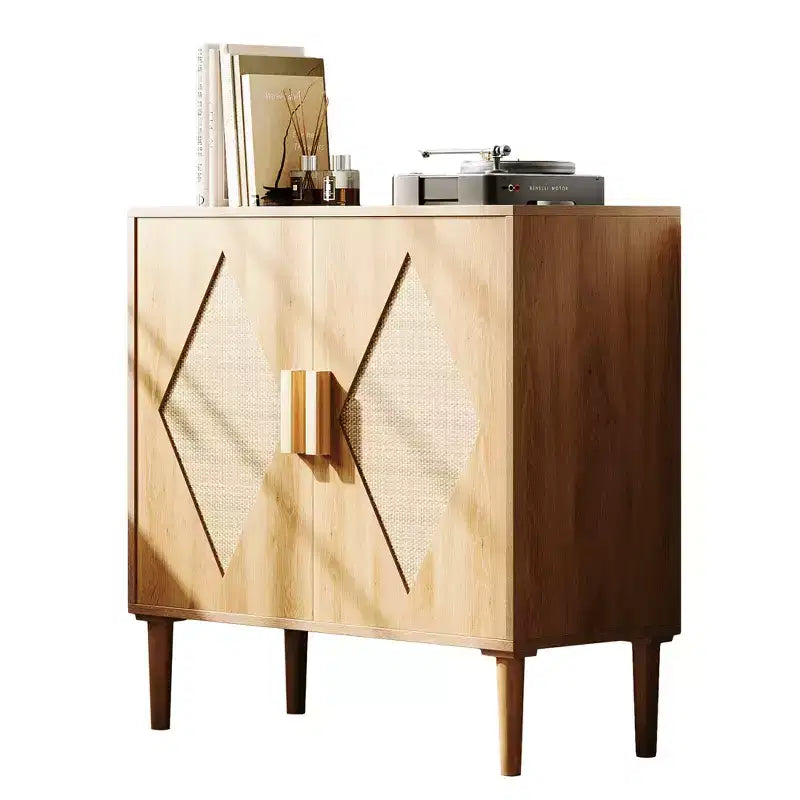 Mobile Contenitore con Ante in Rattan, Credenza con Spazio di Archiviazione, Armadio Multifunzionale con Ripiani Interni Regolabili per Soggiorno, Ingresso, Naturale