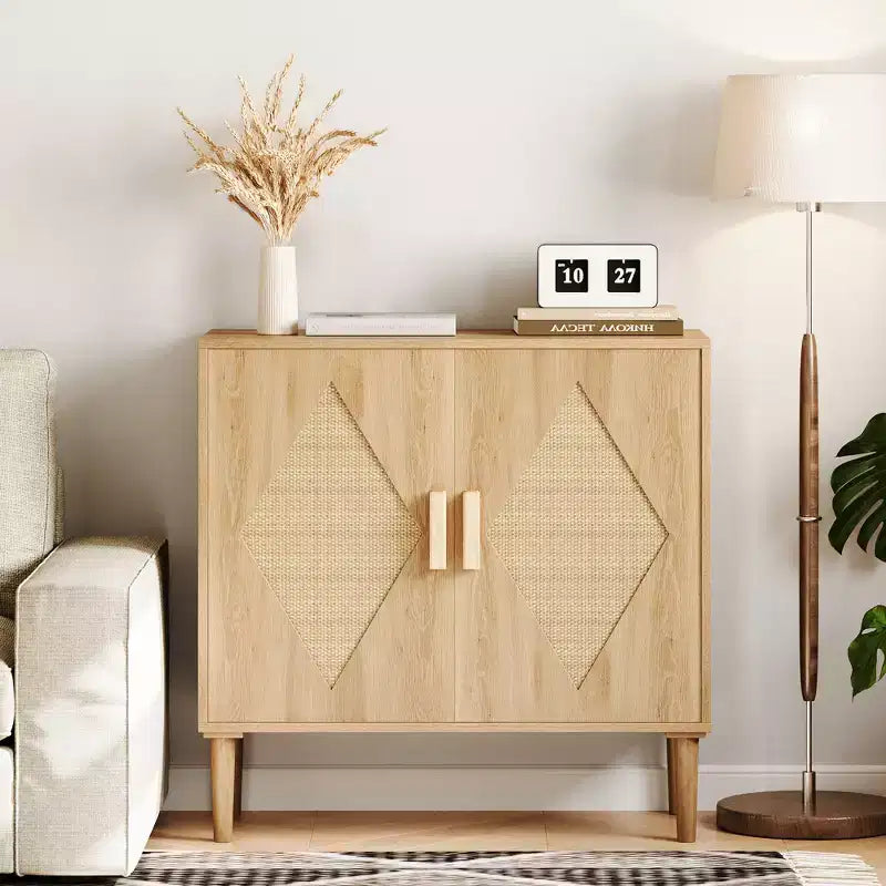 Mobile Contenitore con Ante in Rattan, Credenza con Spazio di Archiviazione, Armadio Multifunzionale con Ripiani Interni Regolabili per Soggiorno, Ingresso, Naturale