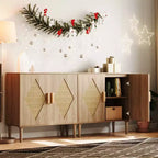 Mobile Contenitore con Ante in Rattan, Credenza con Spazio di Archiviazione, Armadio Multifunzionale con Ripiani Interni Regolabili per Soggiorno, Ingresso, Naturale
