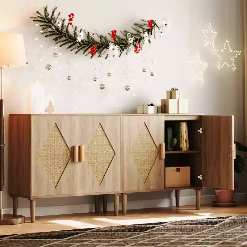 Mobile Contenitore con Ante in Rattan, Credenza con Spazio di Archiviazione, Armadio Multifunzionale con Ripiani Interni Regolabili per Soggiorno, Ingresso, Naturale