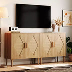Mobile Contenitore con Ante in Rattan, Credenza con Spazio di Archiviazione, Armadio Multifunzionale con Ripiani Interni Regolabili per Soggiorno, Ingresso, Naturale