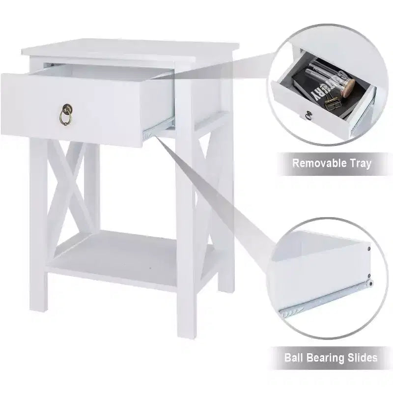Comodino bianco Bonnlo, comodino piccolo con cassetto e ripiano