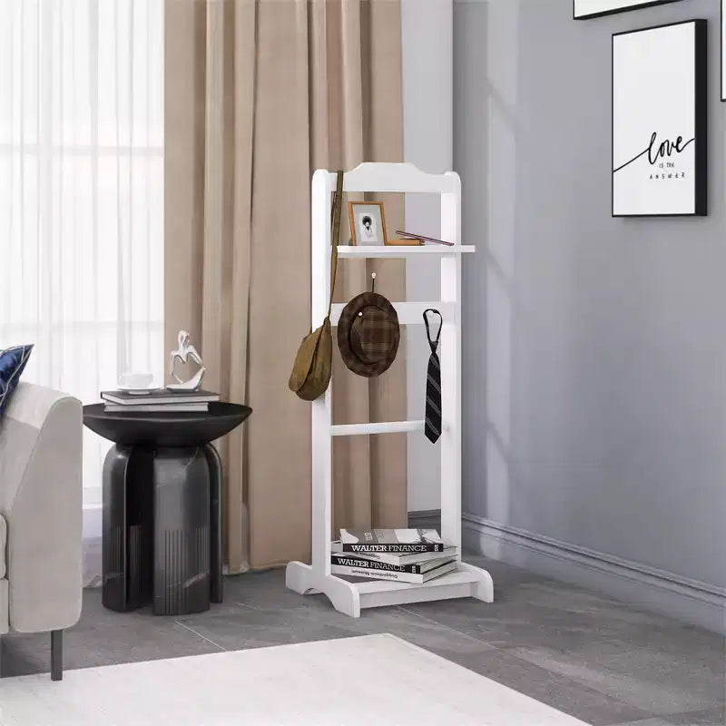 Porta abiti da terra moderno, robusto e durevole, con ripiano superiore e ganci in legno, adatto per camere da letto e ingressi.
