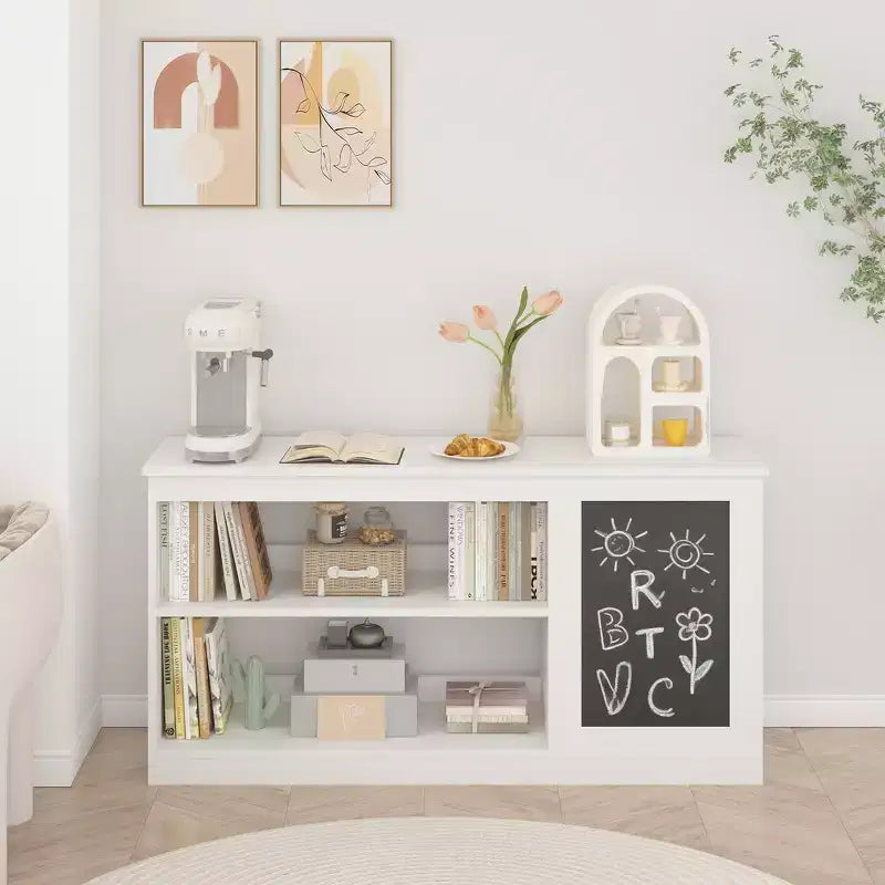 Libreria e armadietto portagiochi Whisen 3-in-1 per bambini con lavagna, doppi ripiani aperti - Bianco