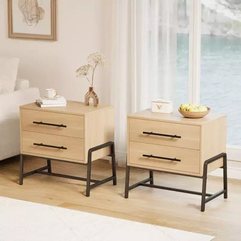 Comodino moderno di metà secolo con 2 cassetti, comodino, comodino in legno chiaro e gambe in metallo per camera da letto, soggiorno, legno chiaro