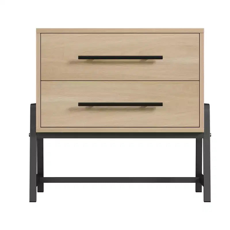 Comodino moderno di metà secolo con 2 cassetti, comodino, comodino in legno chiaro e gambe in metallo per camera da letto, soggiorno, legno chiaro
