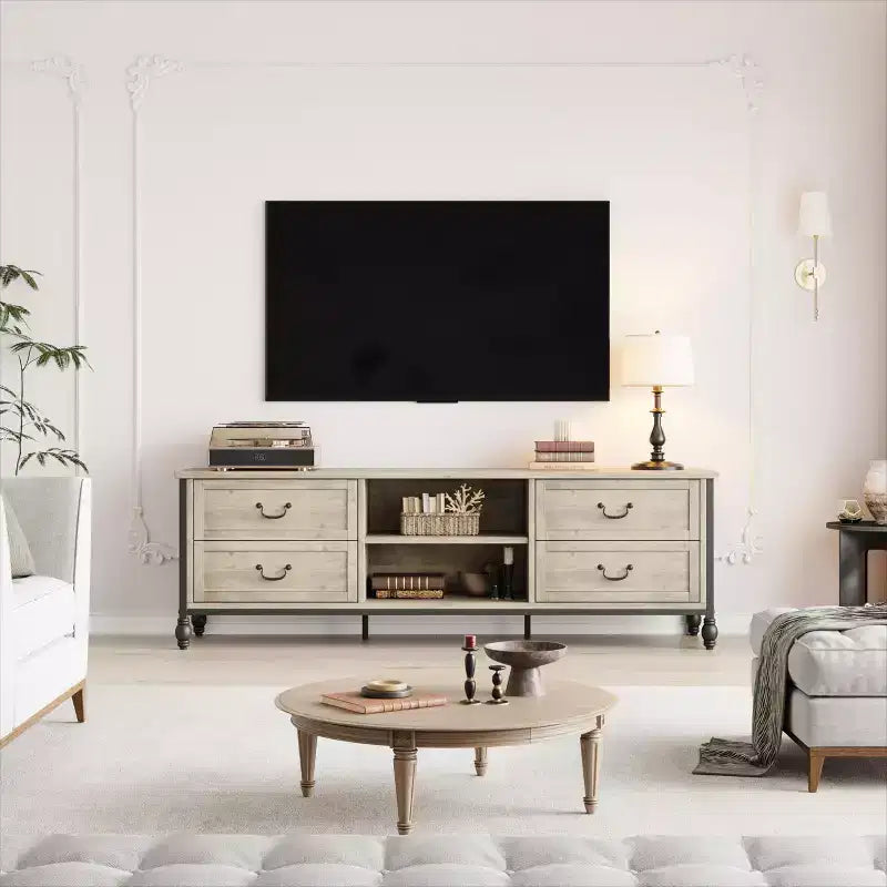 TV console with storage, mid-century modern TV unit featuring 4 metal Roman columns and 4 drawers, perfect for the living room.