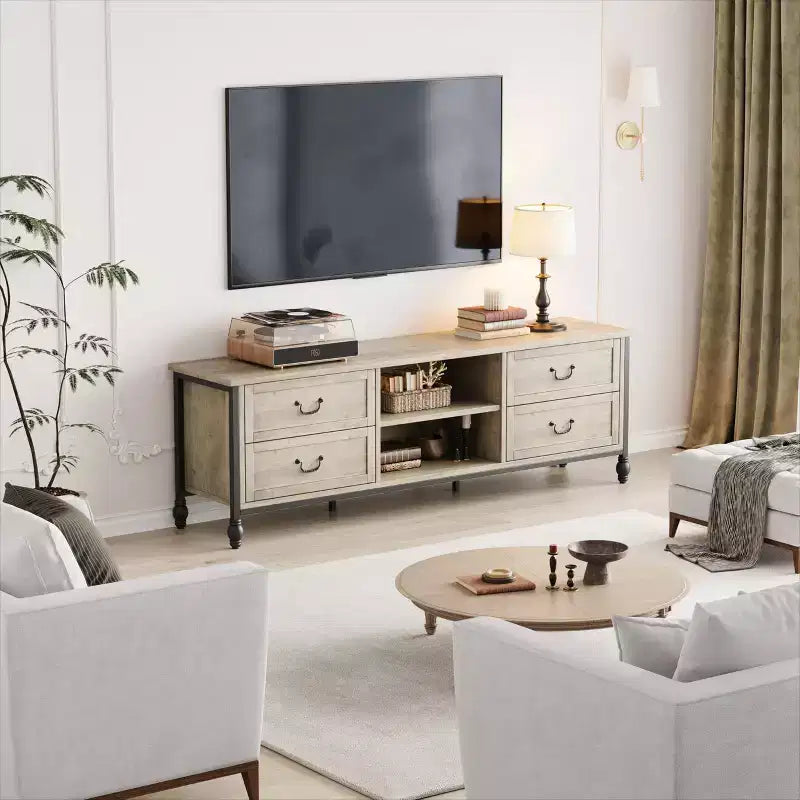 Mobile TV con contenitore, mobile TV di metà secolo con 4 colonne romane in metallo e 4 cassetti, perfetto per il soggiorno.
