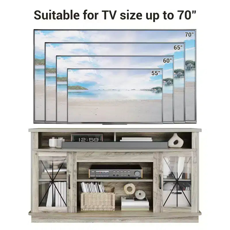 Mobile TV adatto per televisori da 65 pollici, dotato di illuminazione a LED, spaziosi armadietti, ripiani regolabili e facile installazione.