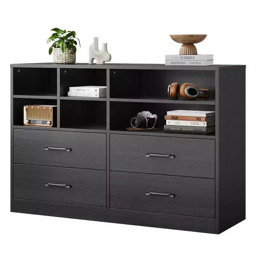 4-Drawer Dresser, Multi-Space Organizer for Bedroom,Cabinet with 6 Storage Cubbies  Modern Dresser & TV Stand, Living Room, Black