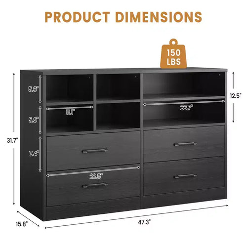 Commode à 4 tiroirs, organiseur multi-espaces pour chambre à coucher, meuble avec 6 casiers de rangement, commode moderne et meuble TV, salon, noir