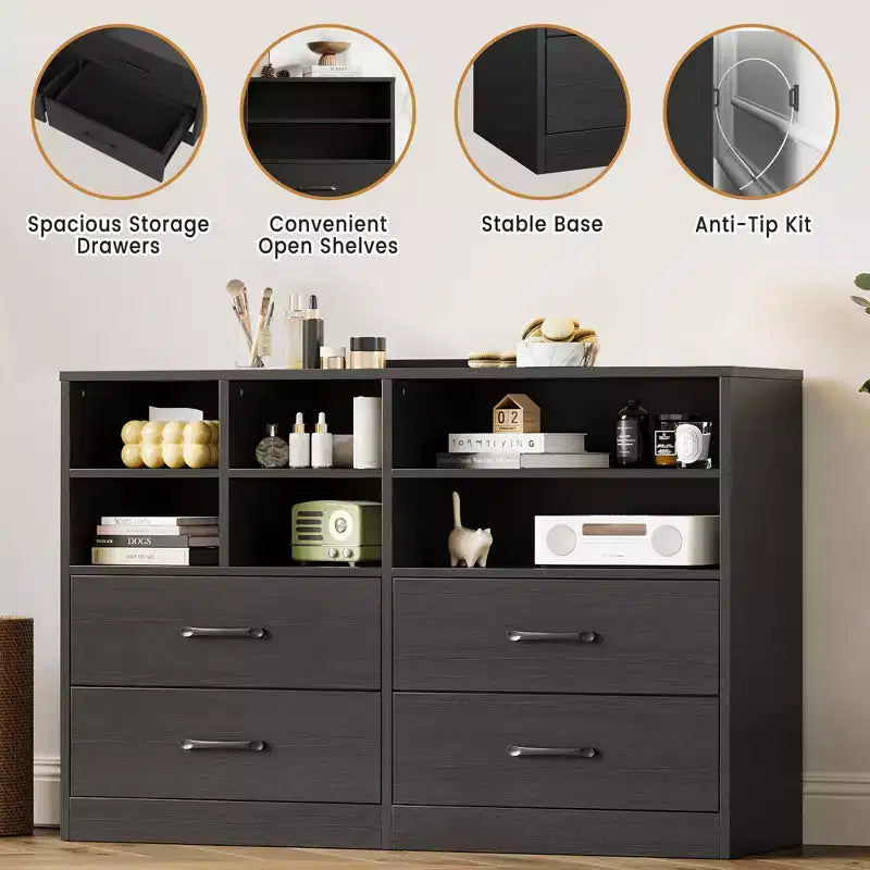 Cassettiera a 4 cassetti, organizer multi-spazio per camera da letto, mobiletto con 6 scomparti, cassettiera moderna e porta TV, soggiorno, nero