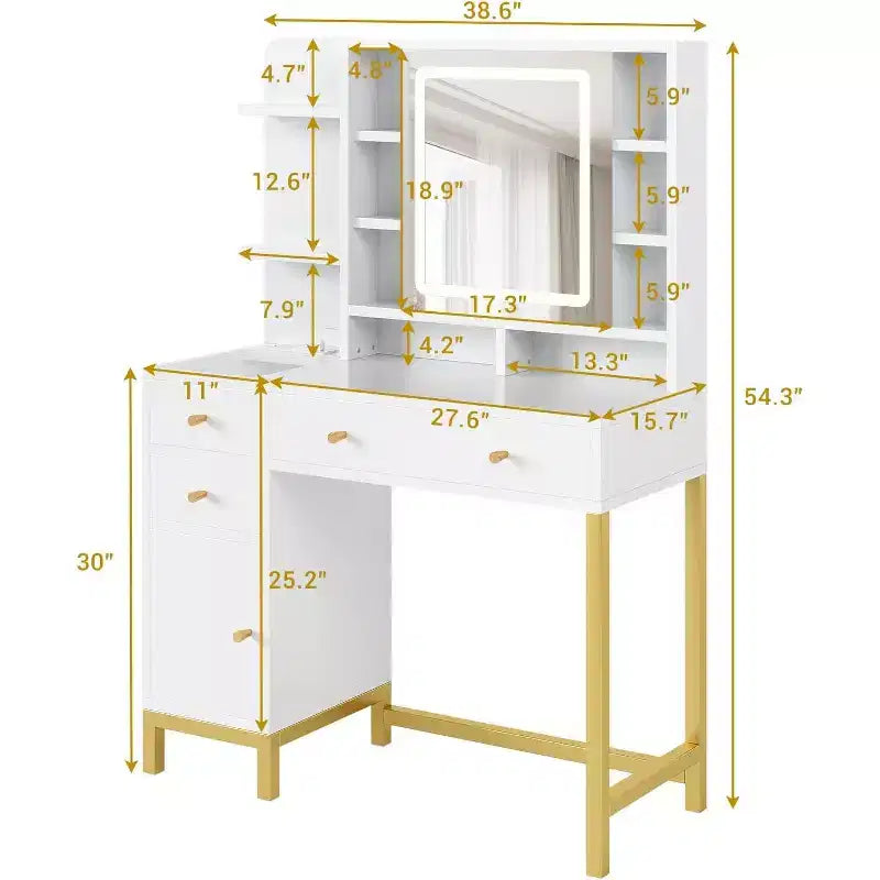 Toeletta per trucco con specchio illuminato a LED e presa di corrente, 3 modalità di illuminazione, luminosità regolabile, bianca