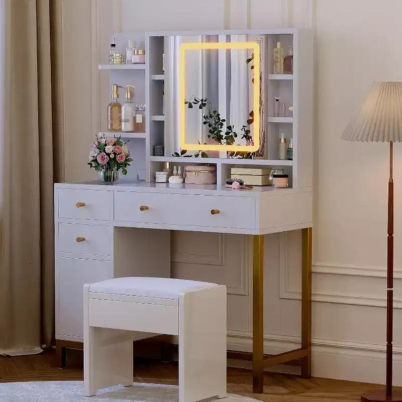 Toeletta per trucco con specchio illuminato a LED e presa di corrente, 3 modalità di illuminazione, luminosità regolabile, bianca