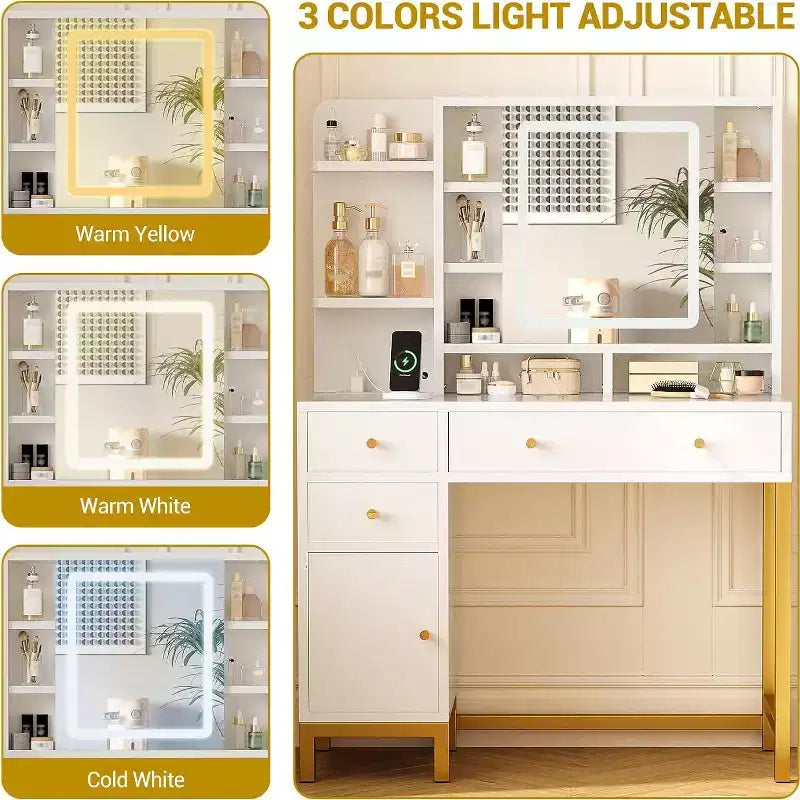 Toeletta per trucco con specchio illuminato a LED e presa di corrente, 3 modalità di illuminazione, luminosità regolabile, bianca