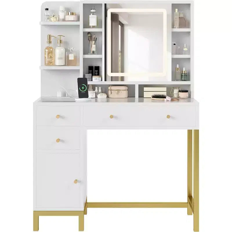 Toeletta per trucco con specchio illuminato a LED e presa di corrente, 3 modalità di illuminazione, luminosità regolabile, bianca