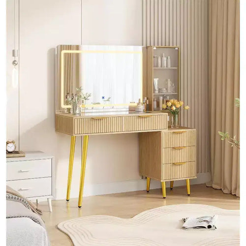 48 Fluted Makeup Vanity Set with 36 LED Mirror, 3 Lighting Modes & Built-in Outlets, Oak