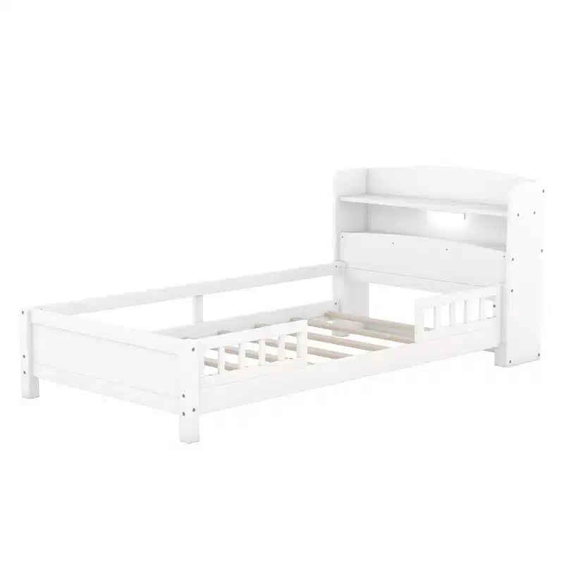 Piattaforma Letto con Ripiani Contenitore Illuminazione a LED Testiera Sponda Letto Piattaforma Struttura Supporto Nessuna Rete Necessaria Bianco Misura Singola