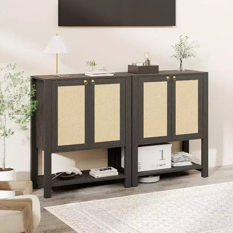 Scarpiera Acekool in Rattan, Porta Scarpe alto 101 cm con Ripiani Regolabili e Ripiano Aperto per l'Ingresso, Rovere Grigio